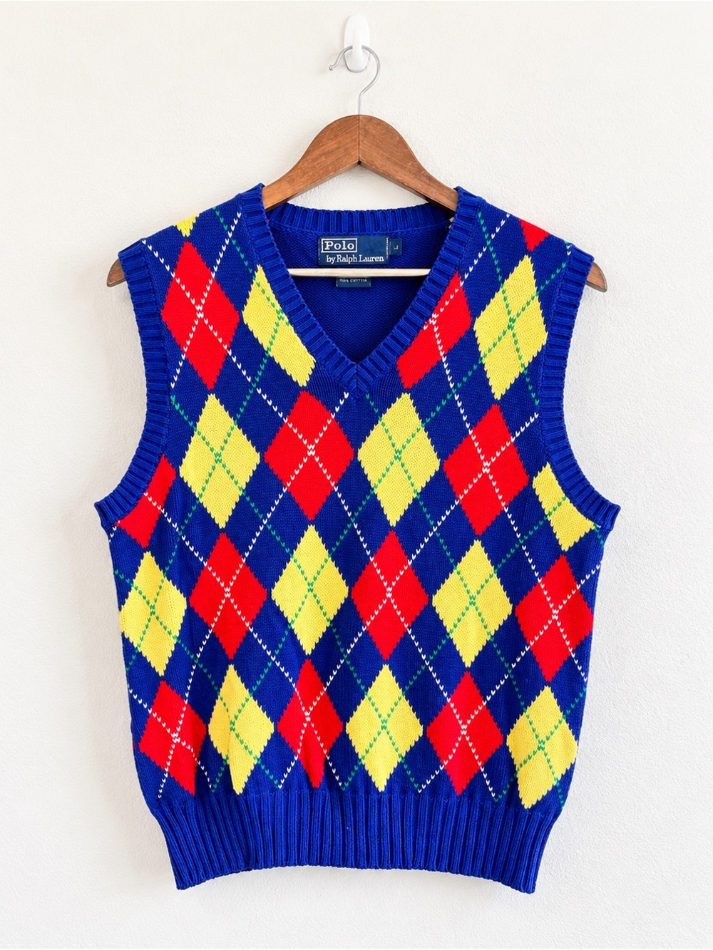 Polo Ralph Lauren Argyle Sweater Vest L Blue Cotton Preppy Grandpa Vintage J68
